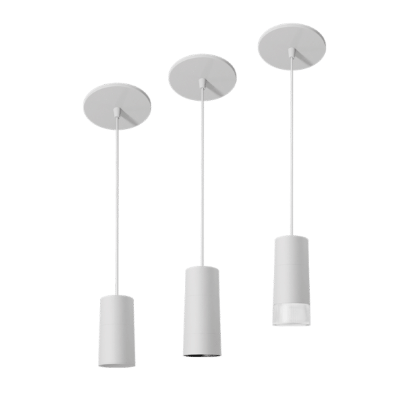PW - Perfect White Canopy Mount NDR Droplit pendant: standard (left), SN - matching snoot (middle), AS - acrylic snoot (right)