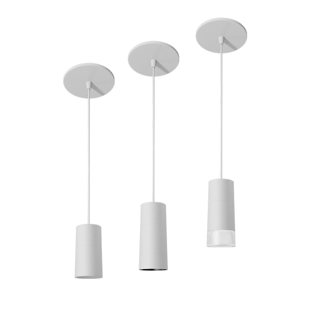 PW - Perfect White Canopy Mount NDR Droplit pendant: standard (left), SN - matching snoot (middle), AS - acrylic snoot (right)
