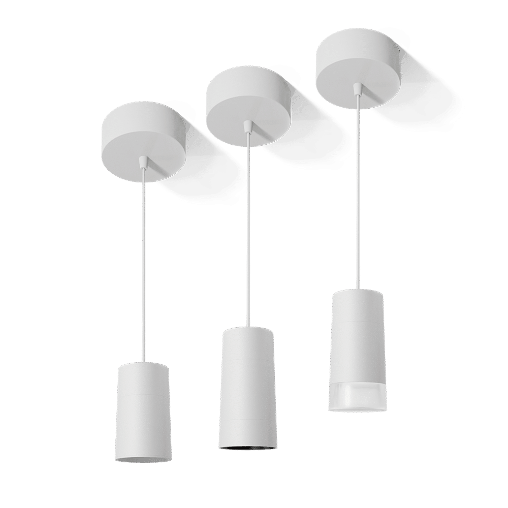 PW - Perfect White Canopy Mount SDR Droplit pendant with tall canopy: standard (left), SN - matching snoot (middle), AS - acrylic snoot (right)
