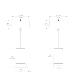 SDR Droplit tall canopy dimensional drawing: with SN - snoot / AS - acrylic snoot (left), standard fixture (right)