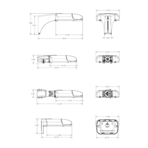 GL1 dimensional drawing with ES - Extended Site Arm (top), HT - Horizontal Tenon (top-middle), KM - Knuckle Mount (bottom-middle), WP - Wall Pack (bottom)