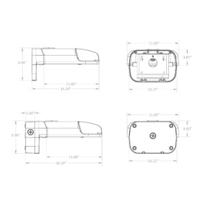 GL1 dimensional drawing with WP - Wall Pack (top), WP-SMBC - Wall Pack with Surface Mount Conduit Box (bottom)