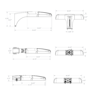 GL4c dimensional drawing with ES - Extended Site Arm (top), KM - knuckle mount (middle) and HT - horizontal tenon (bottom)