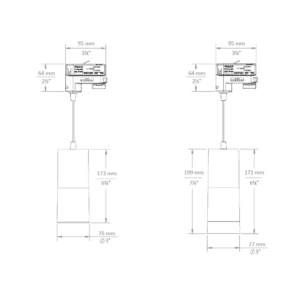 MDR Droplit pendant for G, G2, GP, GP2-type adapters dimensional drawing: with SN - snoot / AS - acrylic snoot (left), standard fixture (right)