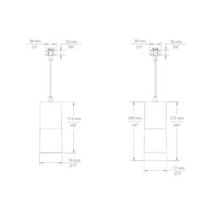 MDR Droplit pendant for J/L/H adapters dimensional drawing: with SN - snoot / AS - acrylic snoot (left), standard fixture (right)