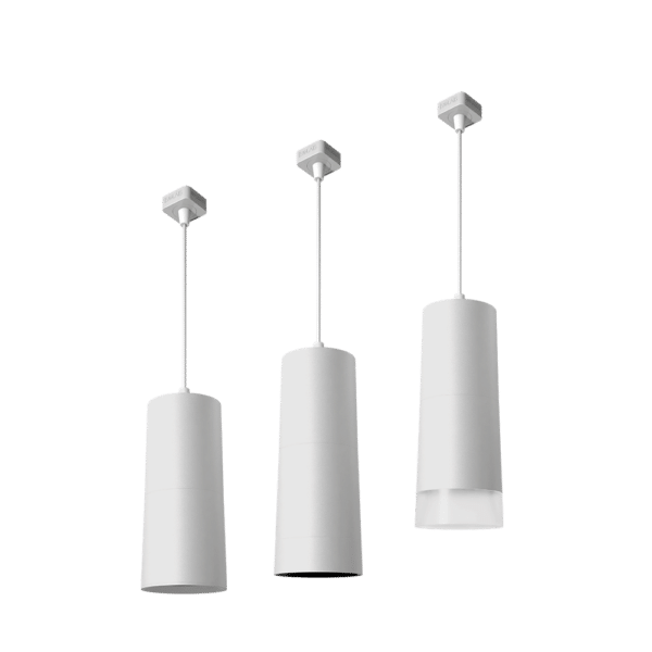PW - perfect White MDR Droplit pendant with J/L/H adapters shown: standard (left), SN - matching snoot (middle), AS - acrylic snoot (right)