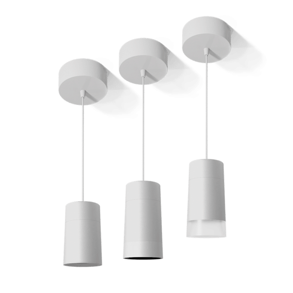 PW - Perfect White Canopy Mount MDR Droplit pendant: standard (left), SN - matching snoot (middle), AS - acrylic snoot (right)
