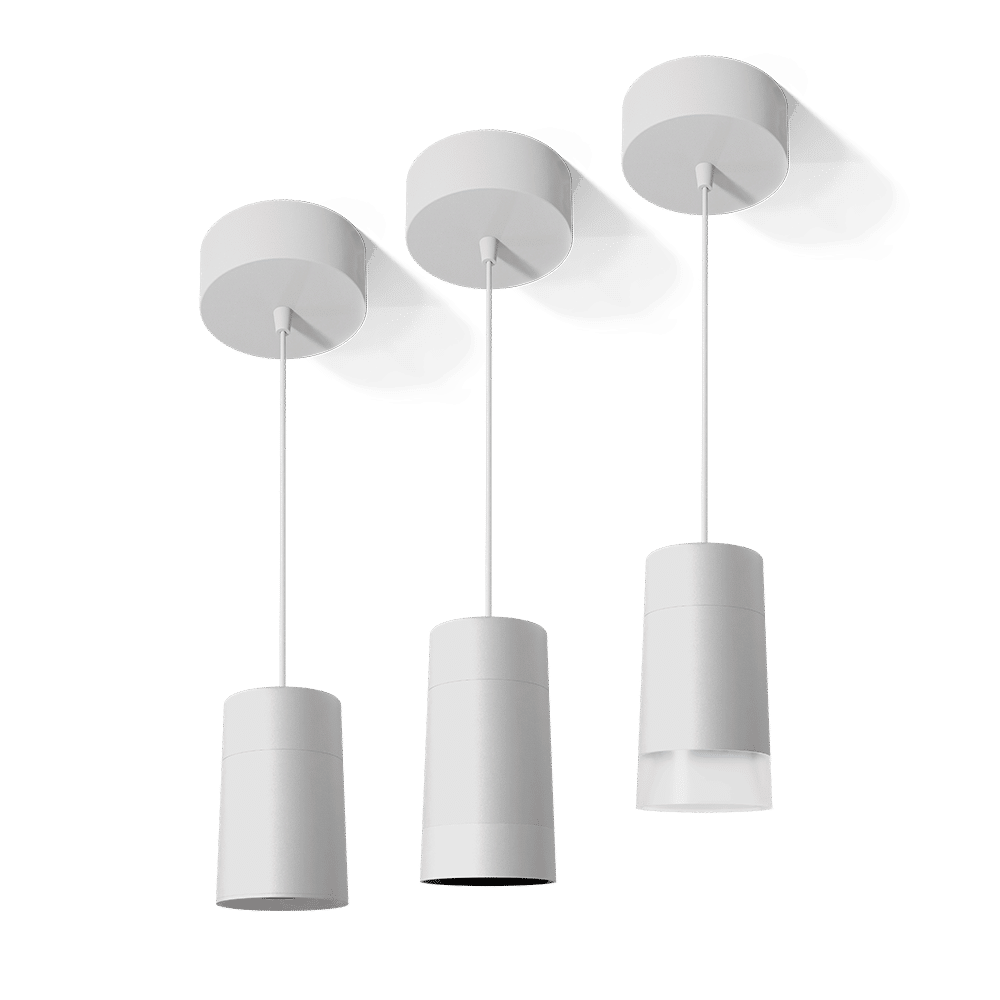 PW - Perfect White Canopy Mount MDR Droplit pendant: standard (left), SN - matching snoot (middle), AS - acrylic snoot (right)