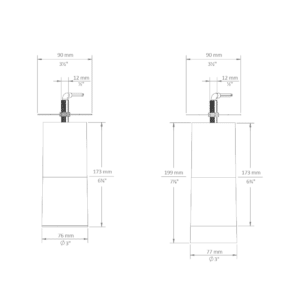 MDR Surface Mount Droplit pendant dimensional drawing: with SN - snoot / AS - acrylic snoot (left), standard fixture (right)