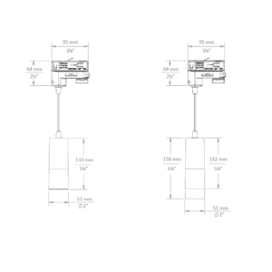 NDR Droplit pendant for G, G2, GP, GP2-type adapters dimensional drawing: with SN - snoot / AS - acrylic snoot (left), standard fixture (right)