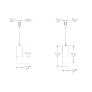 NDR Droplit pendant for J/L/H adapters dimensional drawing: with SN - snoot / AS - acrylic snoot (left), standard fixture (right)