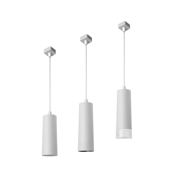 PW - Perfect White NDR Droplit pendant with J/L/H adapters shown: standard (left), SN - matching snoot (middle), AS - acrylic snoot (right)