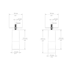 NDR Surface Mount Droplit pendant dimensional drawing: with SN - snoot / AS - acrylic snoot (left), standard fixture (right)