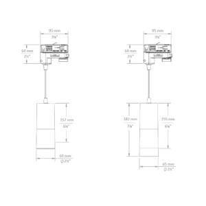SDR Droplit pendant for G, G2, GP, GP2-type adapters dimensional drawing: with SN - snoot / AS - acrylic snoot (left), standard fixture (right)