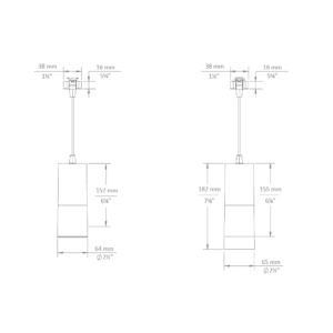 SDR Droplit pendant for J/L/H adapters dimensional drawing: with SN - snoot / AS - acrylic snoot (left), standard fixture (right)
