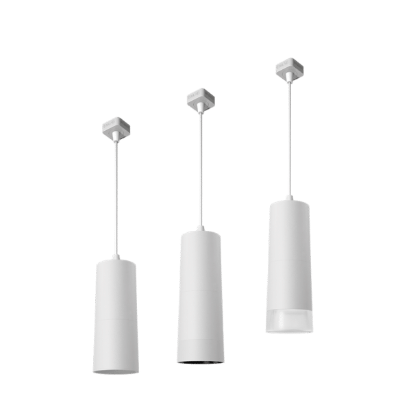 PW - Perfect White SDR Droplit pendant with J/L/H adapters shown: standard (left), SN - matching snoot (middle), AS - acrylic snoot (right)