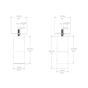 SDR Surface Mount Droplit pendant dimensional drawing: with SN - snoot / AS - acrylic snoot (left), standard fixture (right)