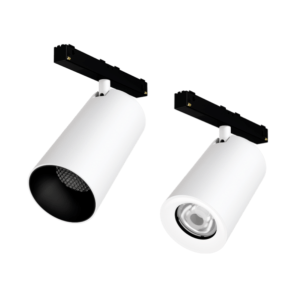 PW -  Perfect White LCM trackhead with Scatto 48V low voltage adapter: SN -  matching snoot (left), standard (right)