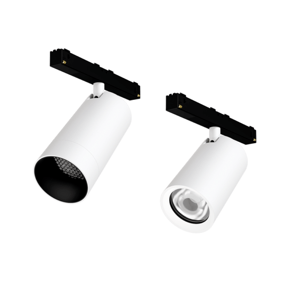 PW -  Perfect White LCS trackhead with Scatto 48V low voltage adapter: SN -  matching snoot (left), standard (right)